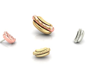 Piercing Hotdog de oro amarillo, rosa y blanco sólido de 14 quilates, joyería corporal, pasador sin rosca de 25 g, pasadores roscados de 14 g o 16 g