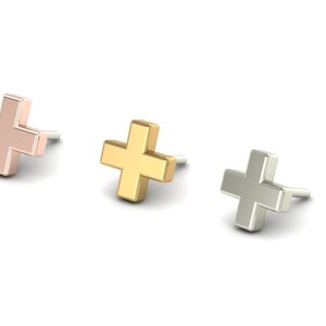 14K Solid Yellow, Rose, White Gold Plus Sign Piercing, Body Jewelry, 25g Threadless pin, 14g or 16g Threaded pins