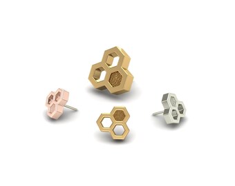 14K Solid Yellow, Rose, White Gold Triple Honeycomb Piercing, Body Jewelry, 25g Threadless pin, 14g or 16g Threaded pins