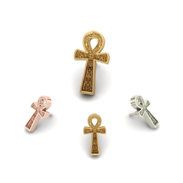 14K Solid Yellow, Rose, White Gold Ankh Piercing, Body Jewelry, 25g Threadless pin, 14g or 16g Threaded pins