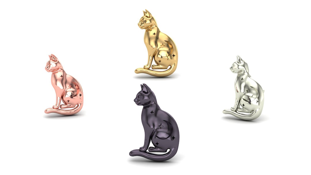 14K Solid Gold Lunar Cat Piercing: Threadless or Threaded Pin Options ...