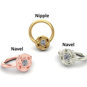 14K Solid Yellow, Rose, White Gold Bella Ring with Diamond Ring, Body Jewelry, Seamless Ring