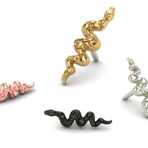 14K Solid Yellow, Rose, White Gold Sculpted Snake Piercing, Body Jewelry, 25g Threadless pin, 14g or 16g Threaded pins
