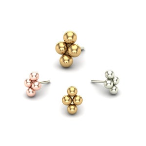 14K Solid Yellow, Rose, White Gold 4 Beads Piercing, Body Jewelry, 25g Threadless pin, 14g or 16g Threaded pins