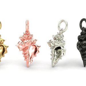 May include: Four seashell charms in gold, rose gold, silver, and black. Each charm has a loop at the top for attaching to a necklace or bracelet. The charms are detailed with ridges and textures.