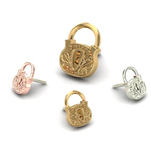 14K Solid Yellow, Rose, White Gold Lock Piercing, Body Jewelry, 25g Threadless pin, 14g or 16g Threaded pins