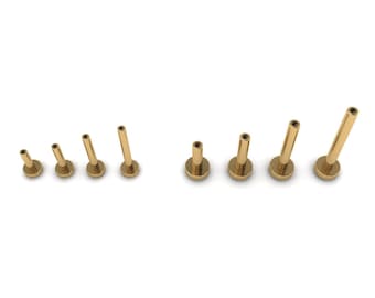 May include: A set of ten gold-colored body jewelry pieces, each with a flat circular base and a cylindrical post of varying lengths. The jewelry is arranged in order of size, with the smallest piece on the left and the largest piece on the right.