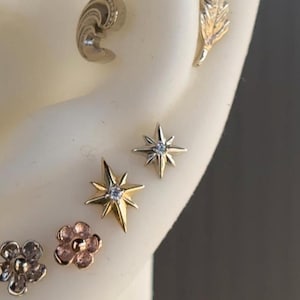 14K Solid Yellow, Rose, White Gold Starket Small or Big with CZ Piercing, Body Jewelry, 25g Threadless pin, 14g or 16g Threaded pin