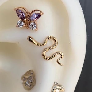14K Solid Yellow, Rose, White Gold Snake Piercing, Body Jewelry, 25g Threadless pin, 14g or 16g Threaded pins