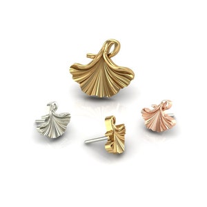 14K Solid Yellow, Rose, White Gold Ginkgo Piercing, Body Jewelry, 25g Threadless pin, 14g or 16g Threaded pins