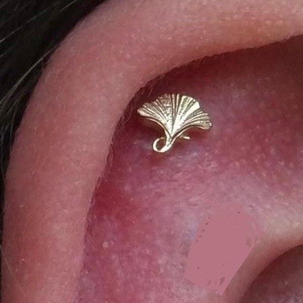 14K Solid Yellow, Rose, White Gold Ginkgo Piercing, Body Jewelry, 25g Threadless pin, 14g or 16g Threaded pins