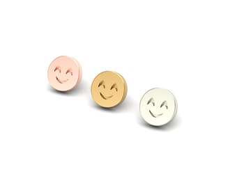 14k Solid Gold Emoji Piercing: Threadless or Threaded Flat Back Smiley Face Stud