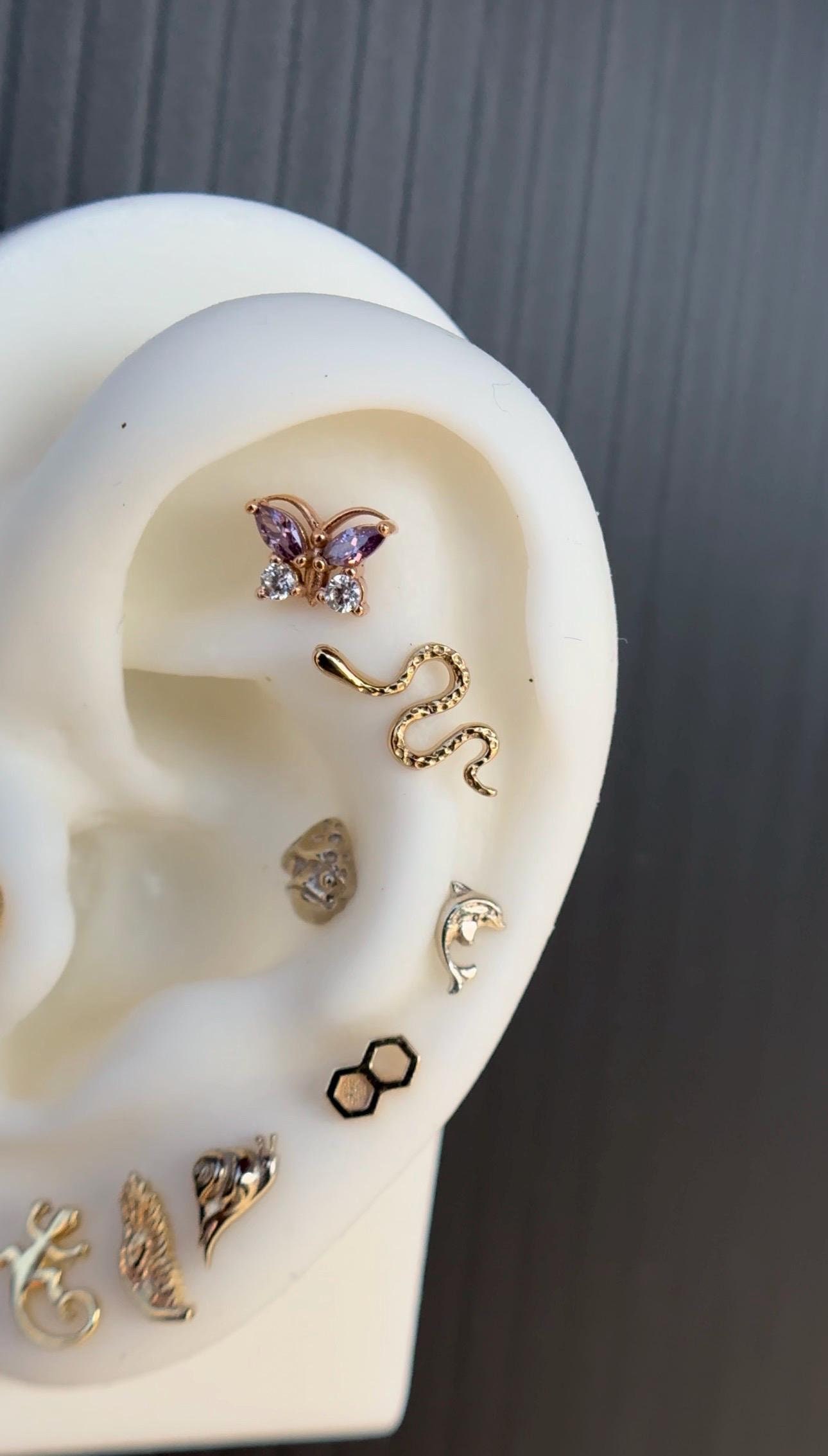 14K Solid Gold Dolphin Threadless Body Piercing Jewelry: Yellow Rose White 14g 16g 25g Nose Ear Stud