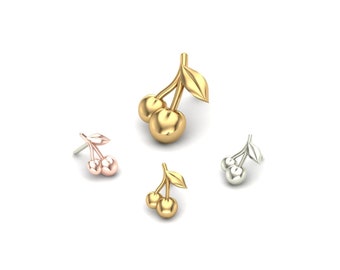 14K Solid Yellow, Rose, White Gold Cherry Piercing, Body Jewelry, 25g Threadless pin, 14g or 16g Threaded pins