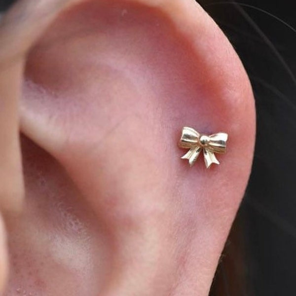 14K Solid Yellow, Rose, White Gold Gift Bow Piercing, Body Jewelry, 25g Threadless pin, 14g or 16g Threaded pins