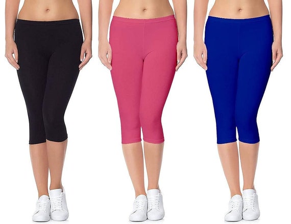 Women Capri Leggings Cotton Lycra Capri 3/4th Calf Leggings Causal Solid  Leggings Gym Wear Stretchable Legging Short Soft Yoga Pants Pack 3 