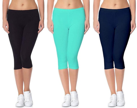 Women Capri Leggings Cotton Lycra Capri 3/4th Calf Leggings Causal Solid  Leggings Gym Wear Stretchable Legging Short Soft Yoga Pants Pack 3 