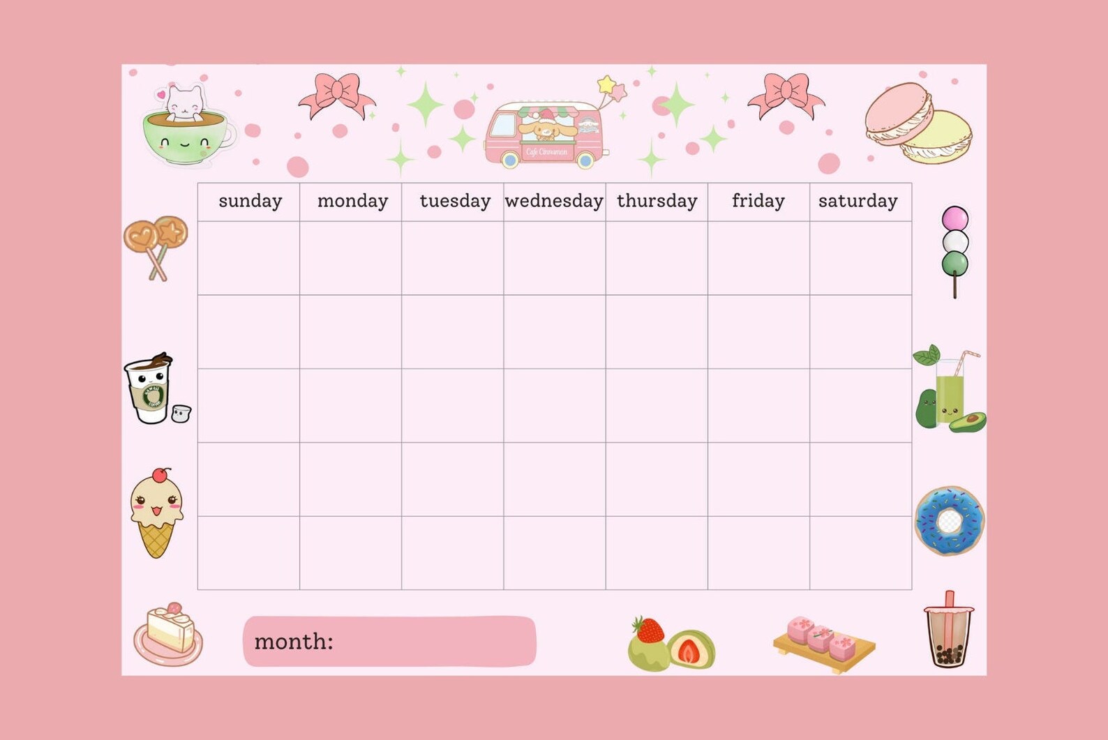 Kawaii Cafe Printable Planner Monthly Calendar Digital Planner Instant ...