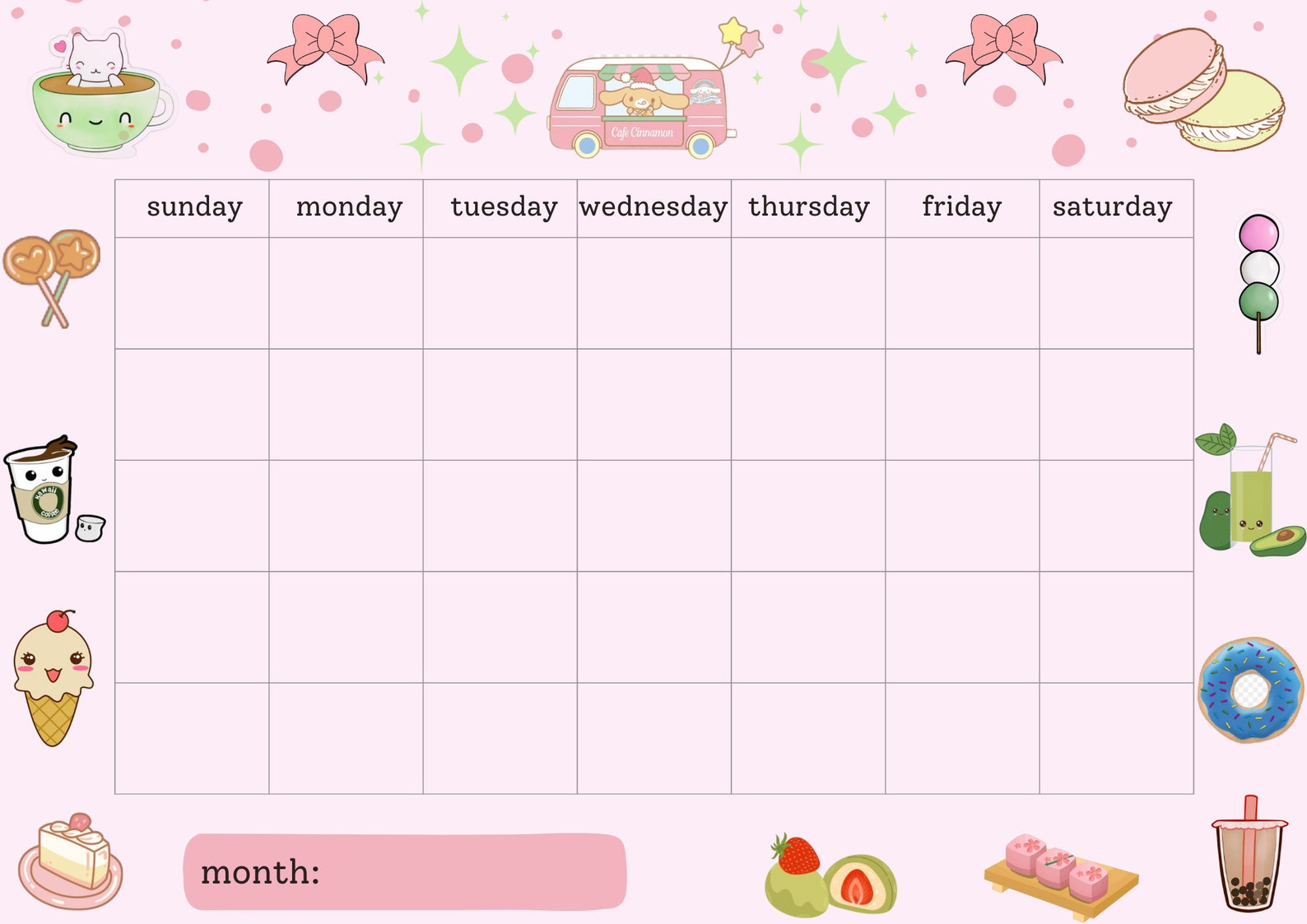 Kawaii Cafe Printable Planner Monthly Calendar Digital Planner Instant ...