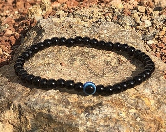 Pulsera de obsidiana con ojo malvado, pulsera de cuentas de piedra negra, joyería de yoga unisex