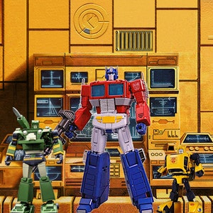 May include: Four Transformers action figures, including Optimus Prime, Bumblebee, and two others, stand in front of a yellow and black background. Optimus Prime is red, blue, and yellow. Bumblebee is yellow. The other two figures are green and brown.
