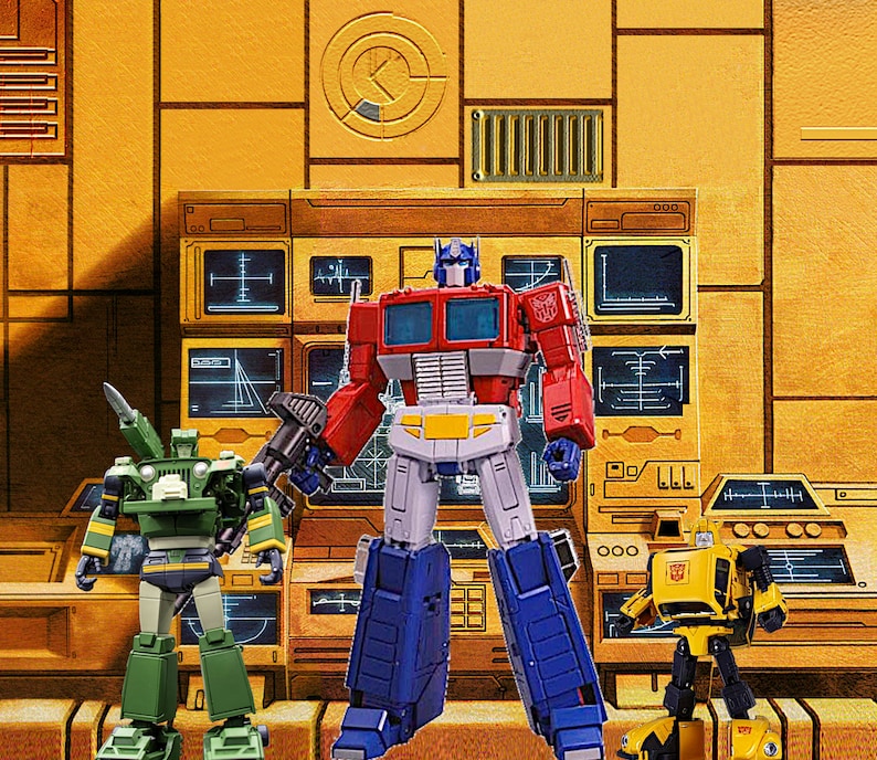 May include: Four Transformers action figures, including Optimus Prime, Bumblebee, and two others, stand in front of a yellow and black background. Optimus Prime is red, blue, and yellow. Bumblebee is yellow. The other two figures are green and brown.