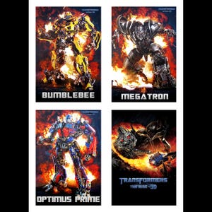May include: Four movie posters featuring Transformers characters. Bumblebee is yellow, Megatron is silver, and Optimus Prime is red and blue. The fourth poster is for "Transformers: The Ride 3D". All posters have a fiery background.