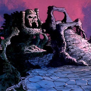 May include: A dark fantasy illustration featuring a large, weathered stone structure with a prominent skull-like carving. The scene is set against a vibrant magenta sky, with textured, cracked ground in the foreground and deep blue shadows.