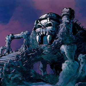 May include: A dark blue and purple illustration of a fortress shaped like a giant skull with a gaping jaw entrance. The structure features a stone staircase leading up to the skull, with jagged, rocky textures and a tower on the right side.