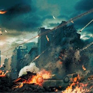Pode incluir: Uma paisagem urbana dist&oacute;pica envolta em chamas e fumo, com edif&iacute;cios em ru&iacute;nas e ve&iacute;culos em chamas. Explos&otilde;es e raios de luz preenchem o c&eacute;u, sugerindo uma guerra ou desastre. Uma cena sombria e dram&aacute;tica.
