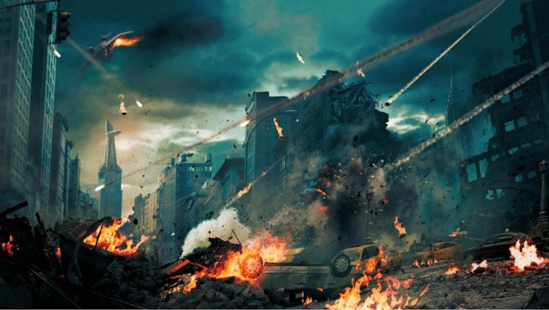 Pode incluir: Uma paisagem urbana dist&oacute;pica envolta em chamas e fumo, com edif&iacute;cios em ru&iacute;nas e ve&iacute;culos em chamas. Explos&otilde;es e raios de luz preenchem o c&eacute;u, sugerindo uma guerra ou desastre. Uma cena sombria e dram&aacute;tica.
