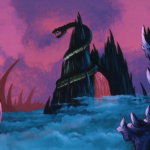 May include: A dark, jagged rock formation rises from a sea of blue clouds, encircled by a large, coiled serpent with glowing eyes. A bright red waterfall flows from the base of the rock, set against a vibrant purple and pink sky.