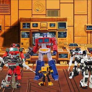 May include: A group of seven robot action figures in a futuristic setting. The figures are in various poses and are made of plastic. The figures are all different colors, including red, blue, green, yellow, and black.