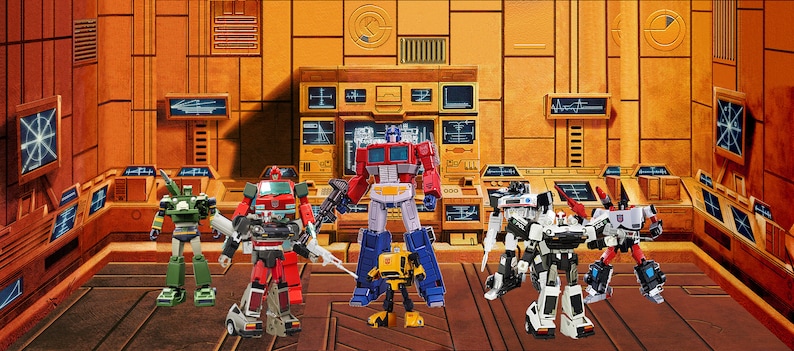 May include: A group of seven robot action figures in a futuristic setting. The figures are in various poses and are made of plastic. The figures are all different colors, including red, blue, green, yellow, and black.