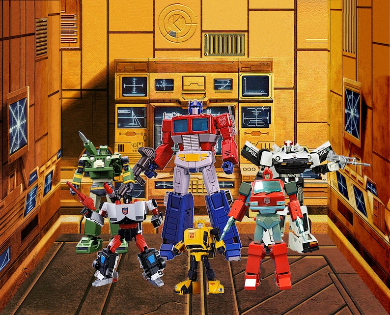 May include: A group of six Transformers action figures, including Optimus Prime, Bumblebee, and Ironhide, standing in a yellow and brown room with a control panel in the background.