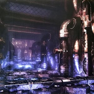 Może przedstawiać: Szczegółowa, przemysłowa scena wnętrza z rurami, maszynami i metalowymi konstrukcjami. Obraz ma mroczną, nastrojową atmosferę z niebieskim i fioletowym oświetleniem, sugerującą futurystyczną lub steampunkową estetykę. Kompozycja jest złożona i szczegółowa.
