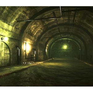 Peut inclure: Un tunnel voûté faiblement éclairé, avec de l'eau recouvrant le sol. Les murs et le plafond sont en béton vieilli, avec des tuyaux et des fixations visibles. La scène est éclairée par quelques lumières suspendues, créant un sentiment de mystère et d'appréhension.