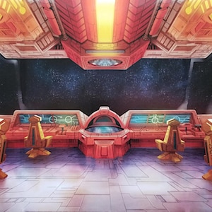 Könnte beinhalten: Detaillierte Illustration eines Raumschiff-Innenraums. Die Szene zeigt einen rot-gelben Kontrollraum mit Stühlen, Konsolen und einem großen Fenster mit einer sternenübersäten Galaxie. Die Beleuchtung deutet auf eine futuristische Umgebung hin.