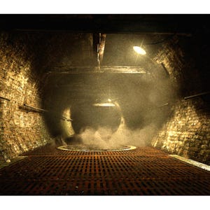 May include: An interior shot of a brick tunnel with a metal grate floor. The tunnel is illuminated by overhead lights and filled with a hazy mist. The tunnel's walls are made of aged bricks, and the overall atmosphere is dark and mysterious.