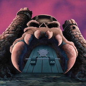 May include: A digital illustration of a fortress entrance shaped like a large skull with a teal wooden door. The structure features two stone towers on either side, a dark cavernous opening, and a circular emblem mounted on the centre of the door.