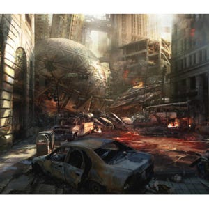Puede incluir: Pintura digital de una ciudad postapocalíptica. Los edificios están en ruinas, con una gran estructura dañada que domina la escena. Vehículos quemados y escombros cubren las calles, y el cielo está lleno de humo.