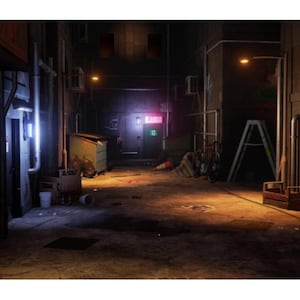 May include: A dimly lit alleyway scene with a trash bin, bicycle, and a ladder. The ground is littered with debris, and a neon sign glows in the distance. The scene is illuminated by streetlights.