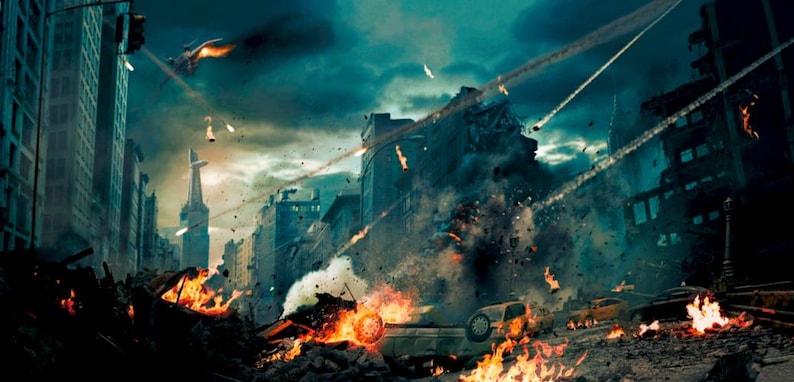 Pode incluir: Imagem dram&aacute;tica de uma cidade sob ataque. Edif&iacute;cios desmoronam, engolidos por chamas e explos&otilde;es. Avi&otilde;es e proj&eacute;teis cortam o c&eacute;u, criando uma cena de caos e destrui&ccedil;&atilde;o. A paleta de cores &eacute; escura e amea&ccedil;adora.