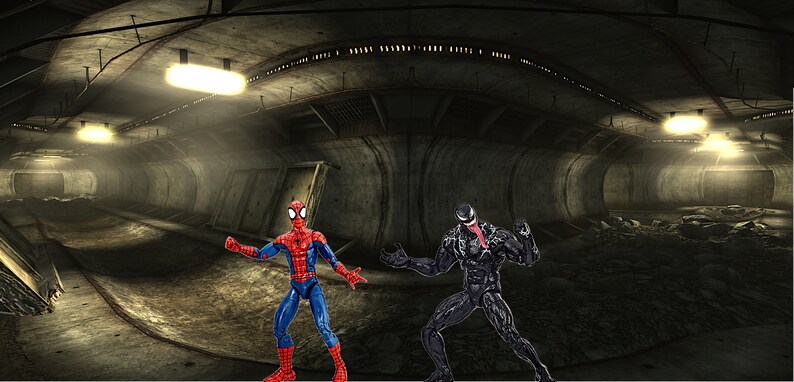 以下が含まれることがあります： 暗いコンクリートのトンネルの中で、赤と青のスパイダーマンのアクションフィギュアが、黒いヴェノムのアクションフィギュアと向かい合っています。両方のフィギュアは戦闘態勢をとっています。