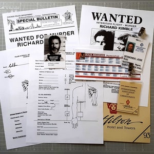 May include: A collection of documents and papers related to a fictional crime investigation. The documents include a wanted poster for Richard Kimble, a police bulletin, a medical chart, a hotel key card, and a badge. The documents are on a gray grid background.