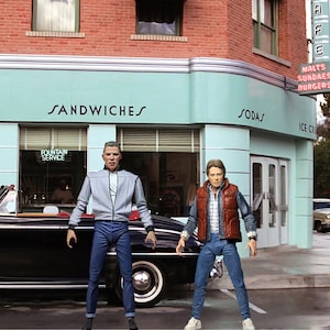 NECA 7&quot; BTTF Trilogy Back to the Future II 2 Ultimate Biff Tannen & Marty McFly Action Diorama Backdrop #1- No Figures Included