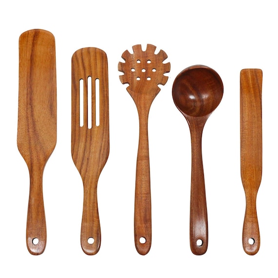 Cucharas de madera para cocinar, juego de utensilios de cocina  antiadherentes, cucharas de madera, juego de utensilios de cocina,  utensilios de madera de teca natural que no se rayan para cocinar