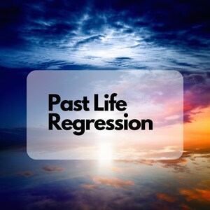 May include: A white rectangle with the text "Past Life Regression" in black bold letters, superimposed on a colorful sunset sky with clouds.