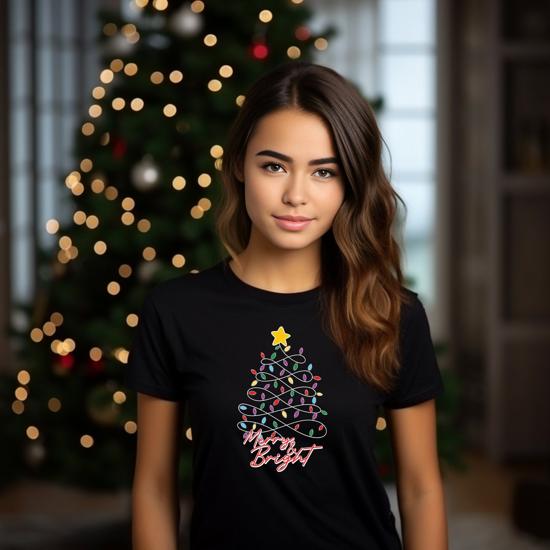 Merry & Bright Christmas Tree Tshirt Christmas Gift for Her Etsy