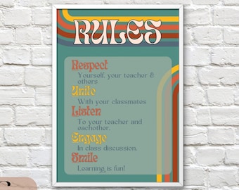Groovy Retro RULES Classroom Rule Poster | Classroom Decor | Instant Download | Wall Art Print